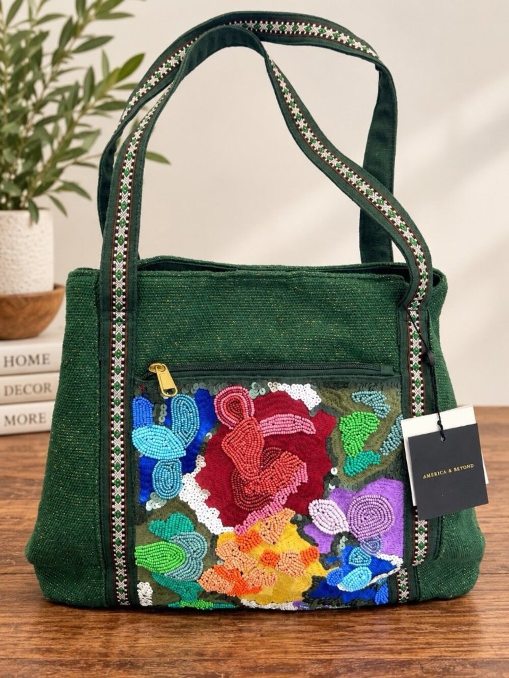 America & Beyond Green Beaded Floral Tote NWT Boho Cottagecore Embroidered 15”